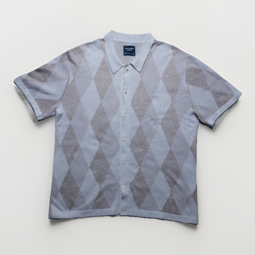 Abercrombie & Fitch Argyle Checkerboard Cardigan Mens L Knit Short Sleeve Biege